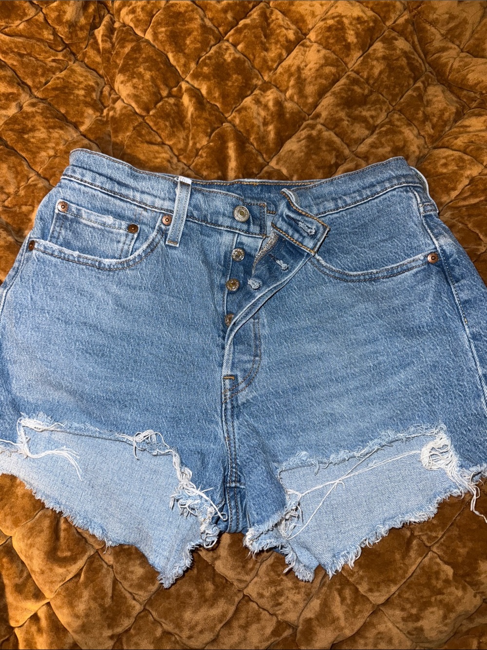 Levi's Distressed Medium Blue Button-Fly Denim Shorts